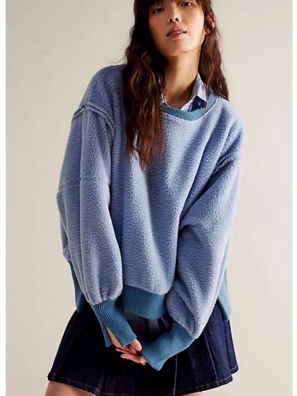 We The Free Camden Small Oversized Sherpa Blue Plush Crewneck Sweater